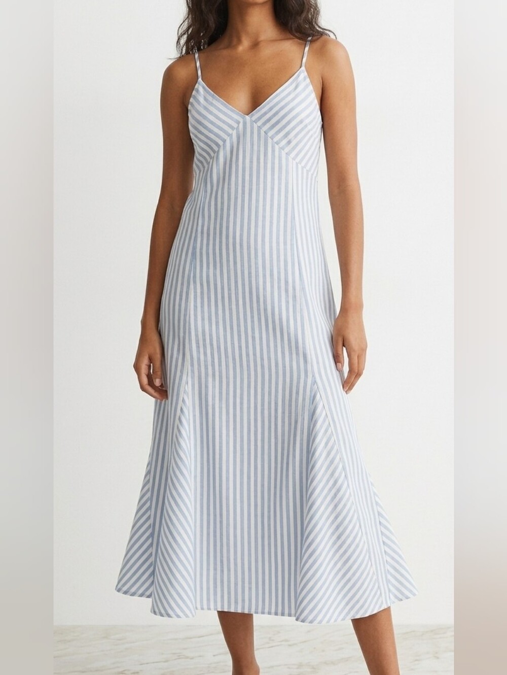 H&M NWT Women Size M Light Blue White Striped Cami Midi Slip Dress Side Slit $35